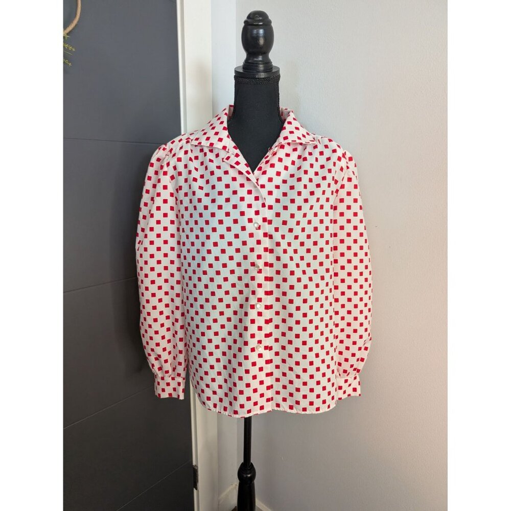 Vintage Terry Chicago Red & White Geometric Print Button Down Blouse 12 USA Made